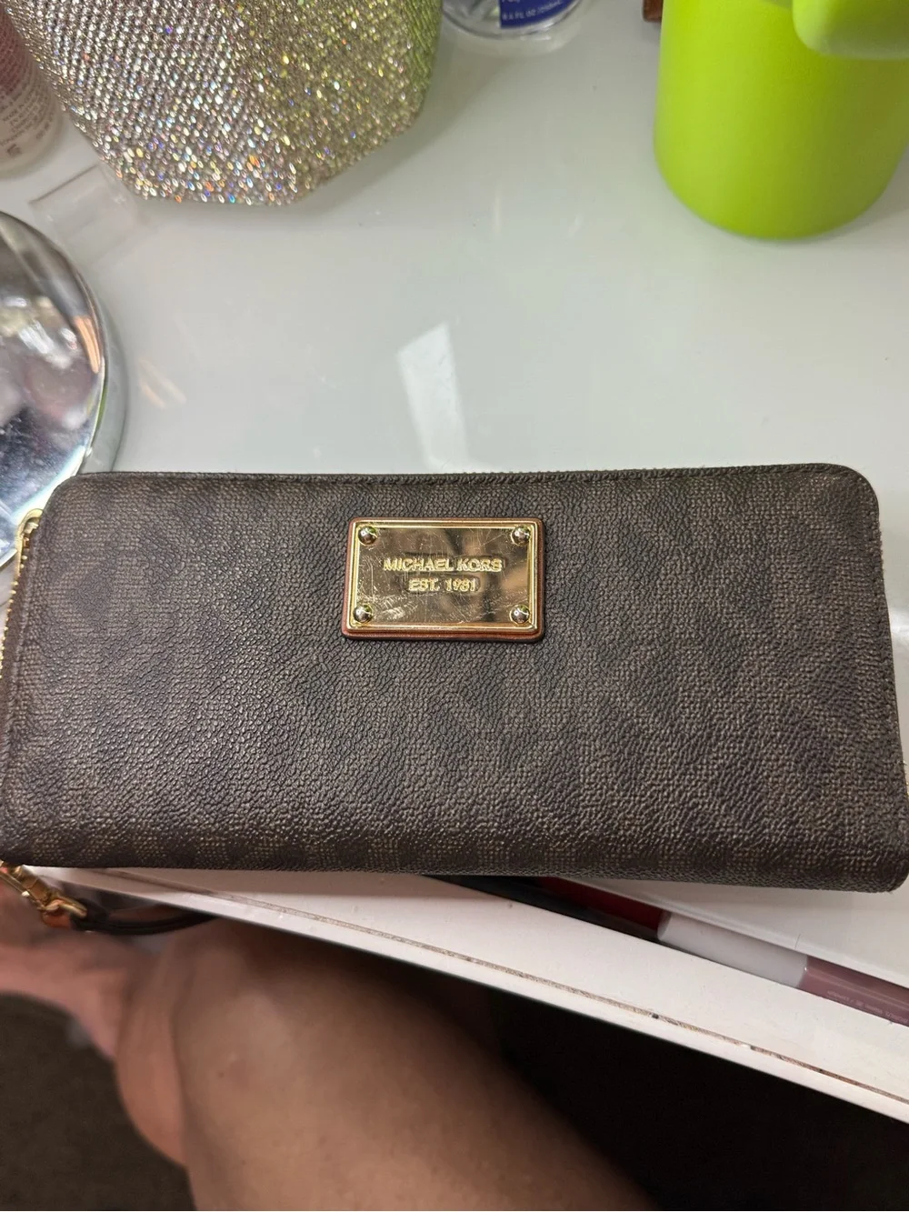 Michael Kors Dark Brown Signature Zip-Around Wallet with Gold Plaque